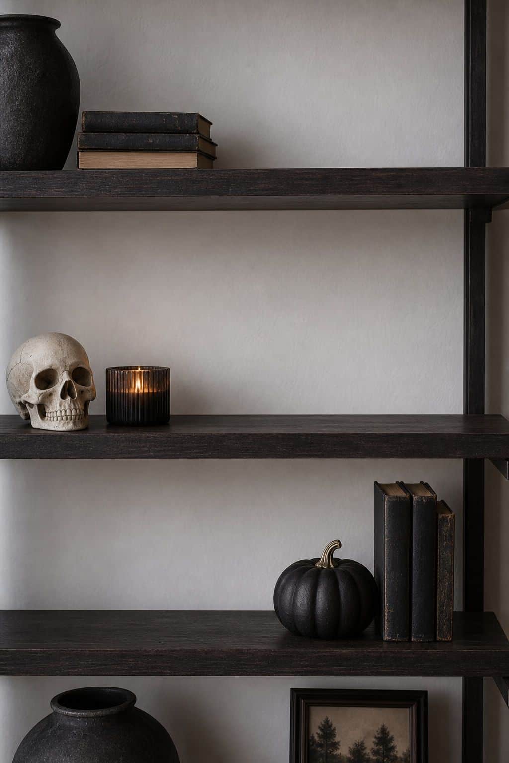 Leave Negative Space Around the Vignettes small apartment idea for Top 16 Halloween Shelf Decor Ideas for Small Apartments.