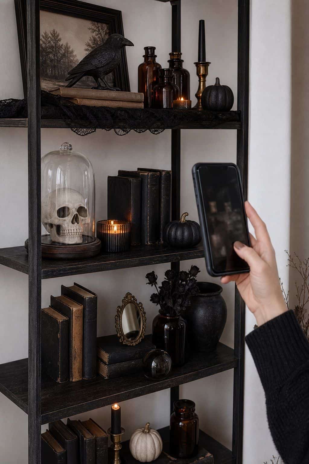 Photograph the Shelf Before Declaring It Done small apartment idea for Top 16 Halloween Shelf Decor Ideas for Small Apartments.