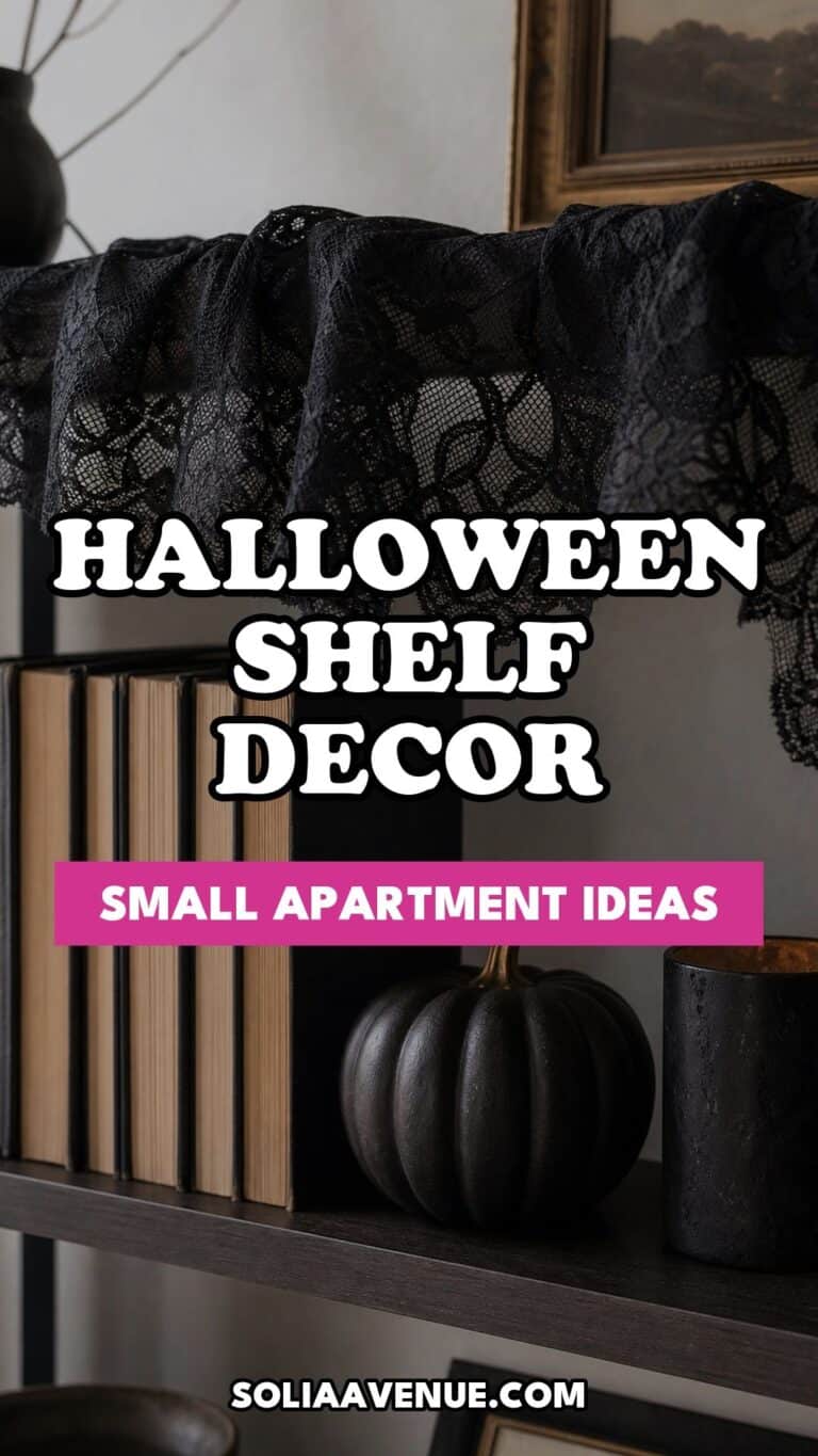 Pinterest pin for Top 16 Halloween Shelf Decor Ideas for Small Apartments from Solia Avenue.