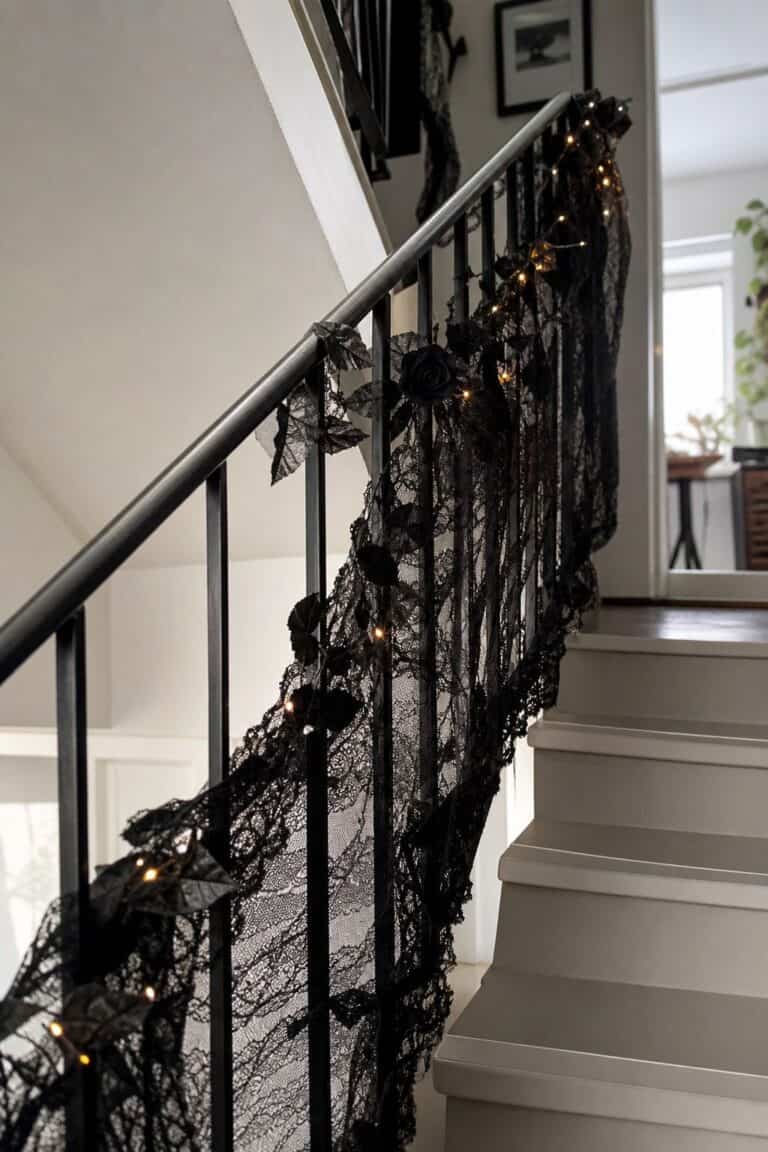 Use Black Lace Garland as the Base Wrap small apartment idea for Top 17 Halloween Staircase Decor Ideas for Small Apartments.