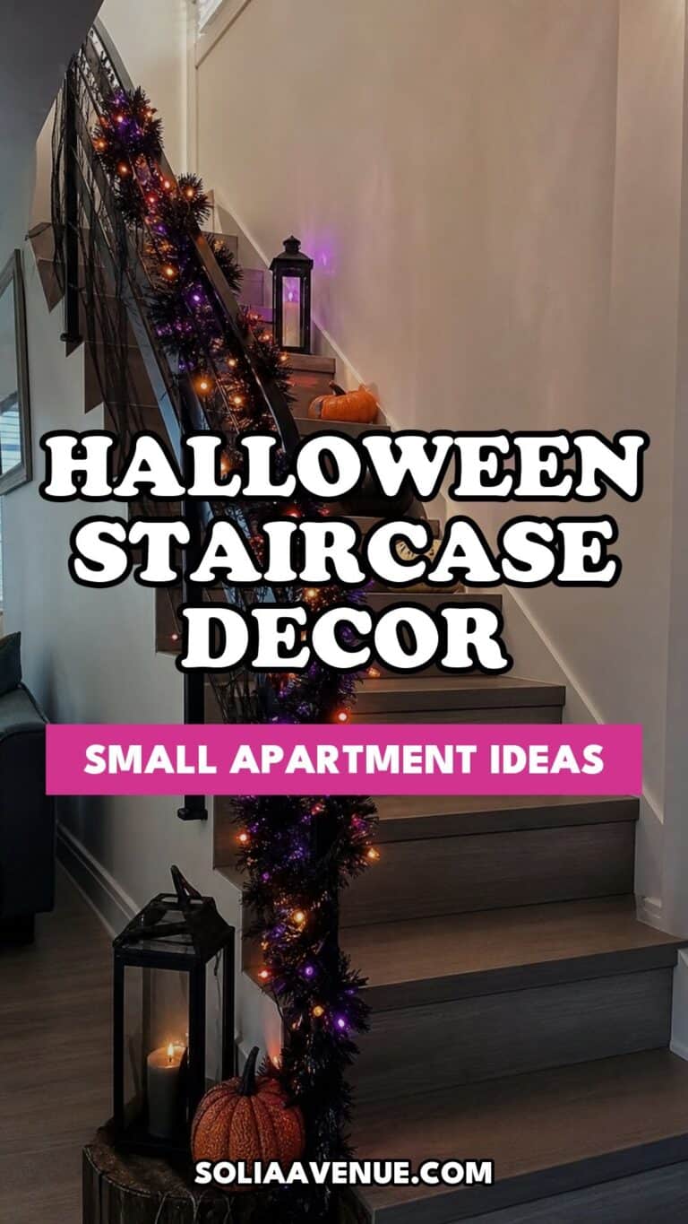 Pinterest pin for Top 17 Halloween Staircase Decor Ideas for Small Apartments from Solia Avenue.