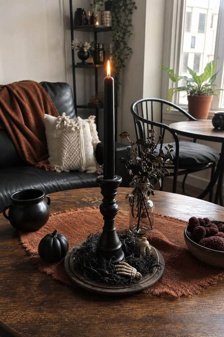 Make the Black Flame Candle the Centerpiece small apartment idea for Top 18 Hocus Pocus Halloween Decor Ideas for Small Apartments.