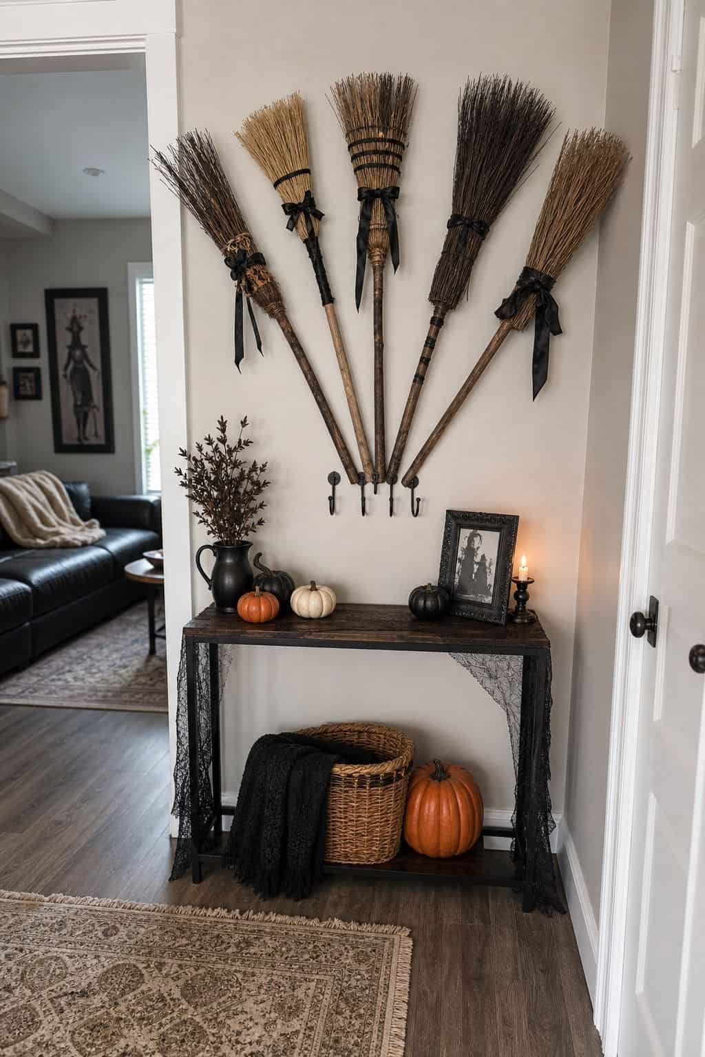 Arrange a Broomstick Fan Display small apartment idea for Top 18 Hocus Pocus Halloween Decor Ideas for Small Apartments.