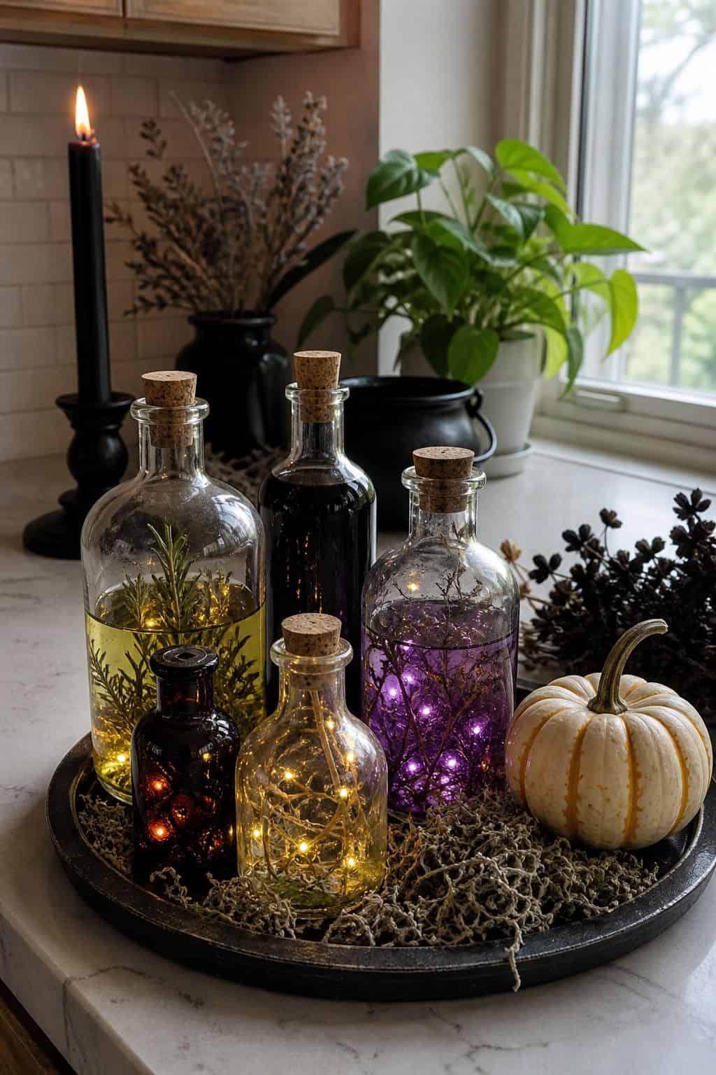 Make Glowing Potion Bottles small apartment idea for Top 18 Hocus Pocus Halloween Decor Ideas for Small Apartments.