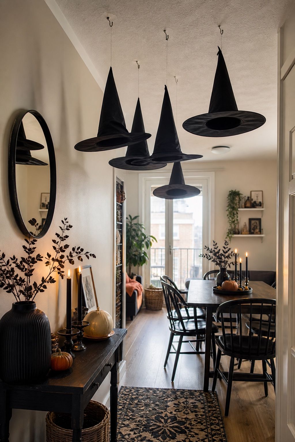Hang Oversized Witch Hats small apartment idea for Top 18 Hocus Pocus Halloween Decor Ideas for Small Apartments.