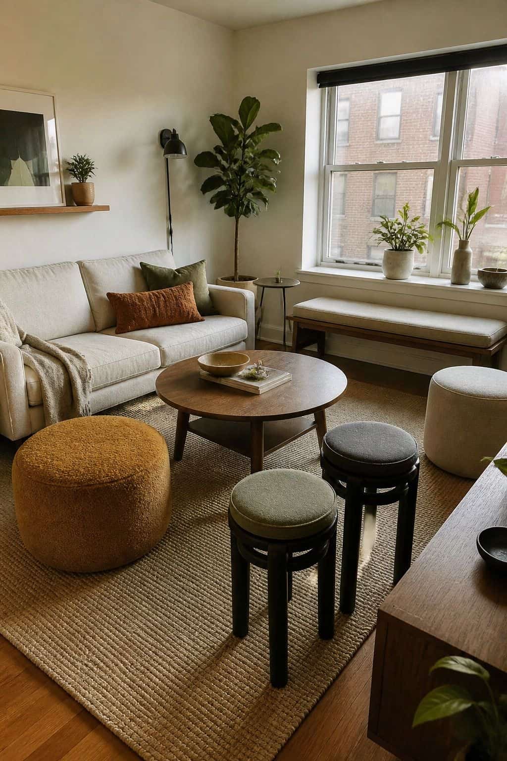 Flexible small apartment seating with stackable stools, poufs, walnut bench, ochre pouf, and muted green cushion