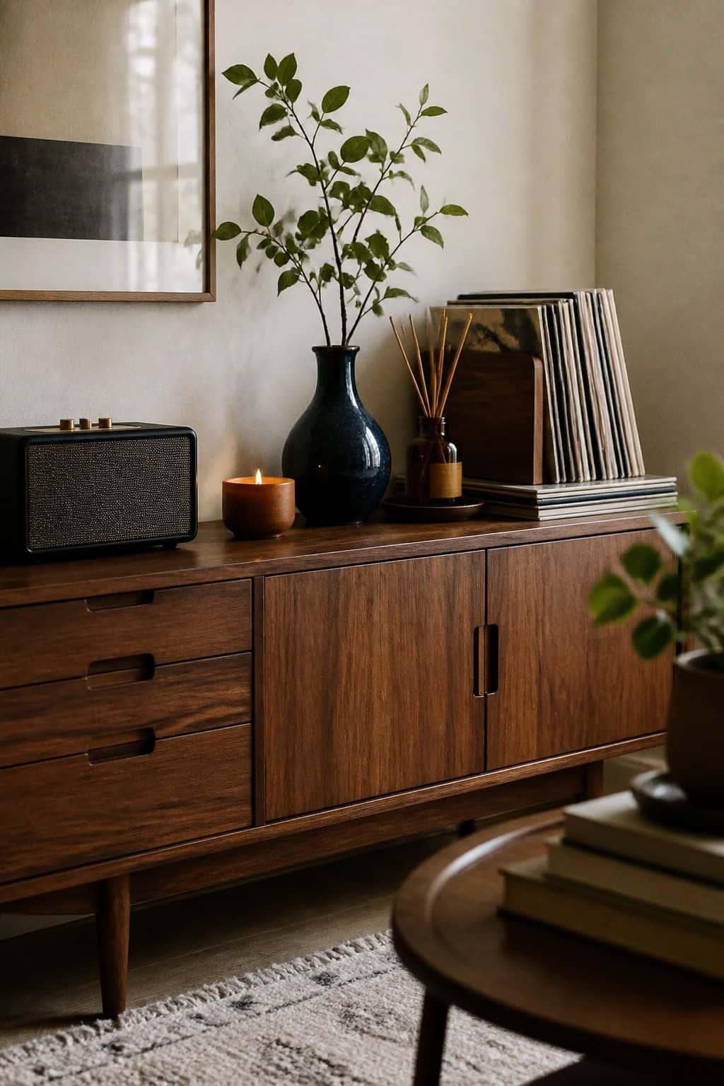 Mood-setting apartment vignette on walnut sideboard with small speaker, candle, reed diffuser, deep blue vase, and ochre holder