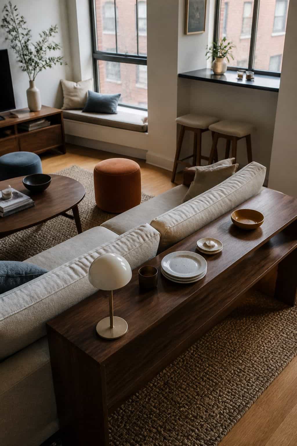 Small apartment perch spots with window bench, ottoman, walnut console, rust ottoman, and dusty blue cushion