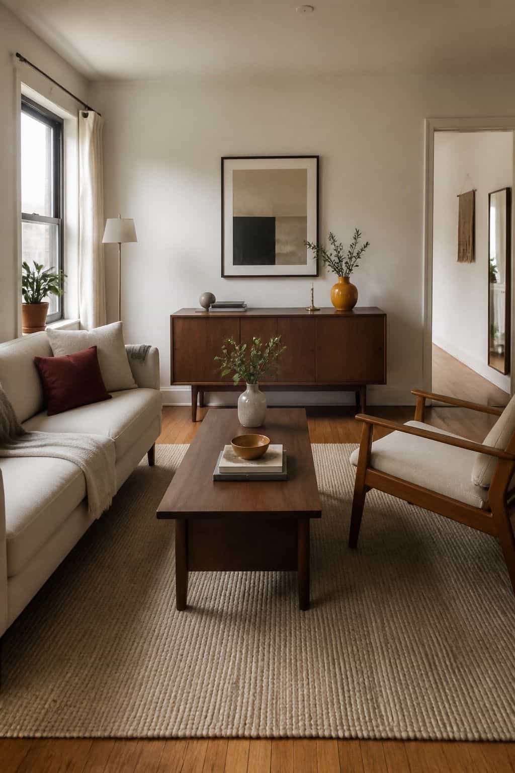 Simplified small apartment hosting layout with walnut sideboard, cream sofa, burgundy cushion, and open corners