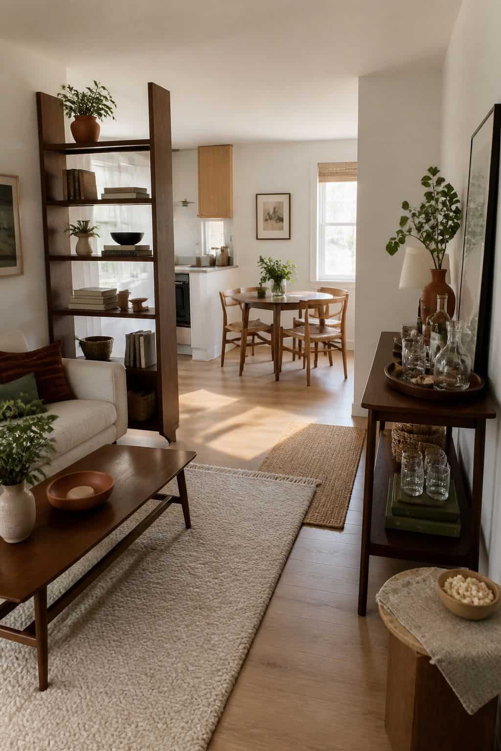 Small apartment party zones with walnut shelving divider, drink station, snack surface, muted green books, and terracotta vase
