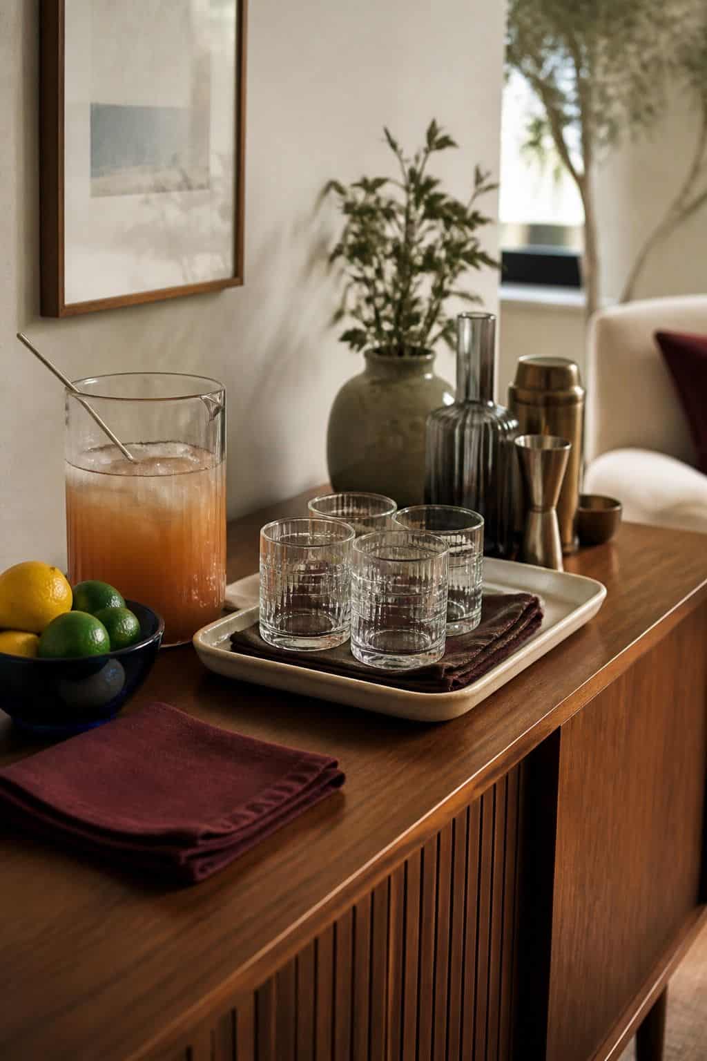 Simple batch cocktail bar on walnut credenza with glass pitcher, lowball glasses, citrus, burgundy napkins, and blue bowl