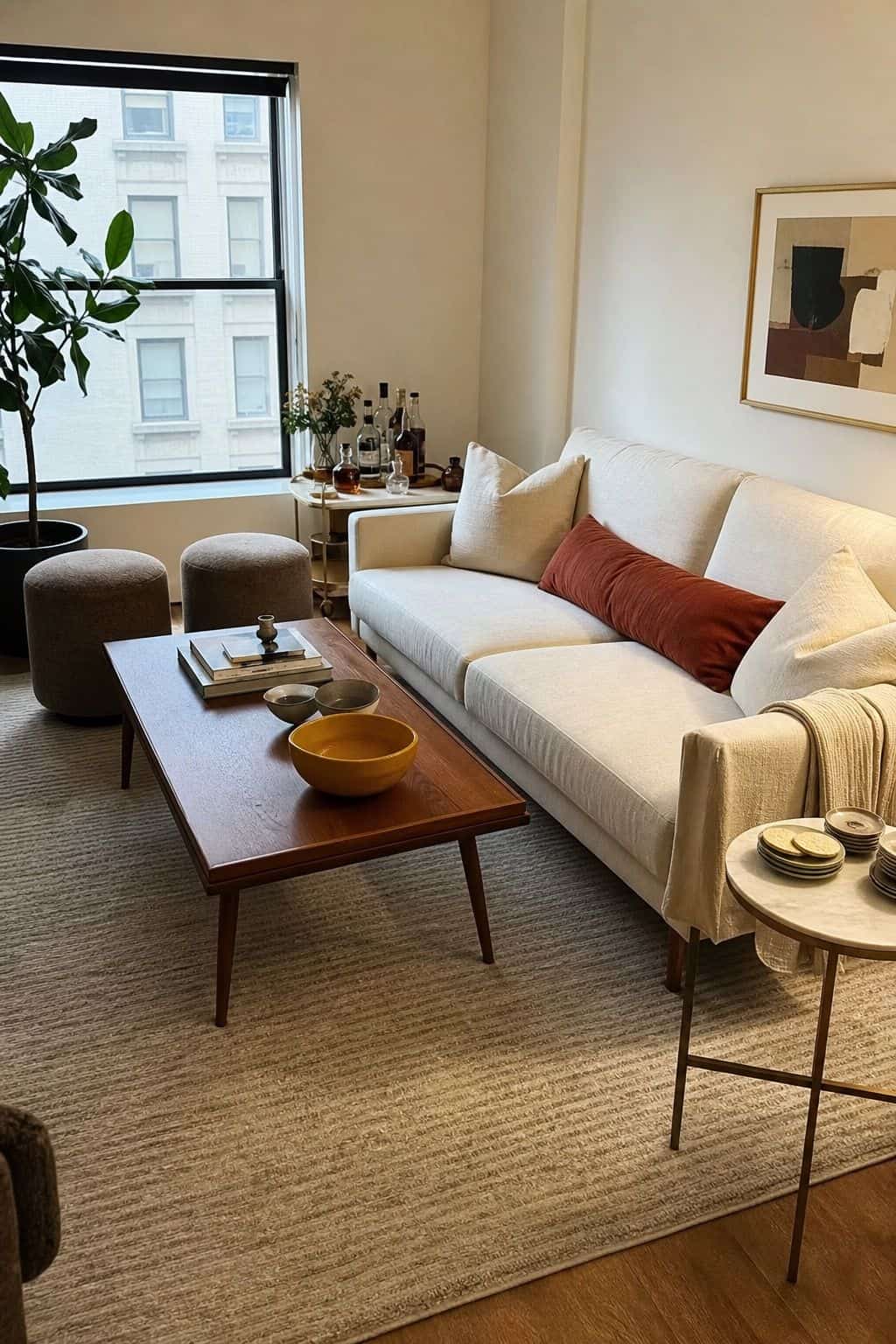 Realistic guest capacity setup in a small apartment living room with walnut coffee table, poufs, rust pillow, and mustard bowl