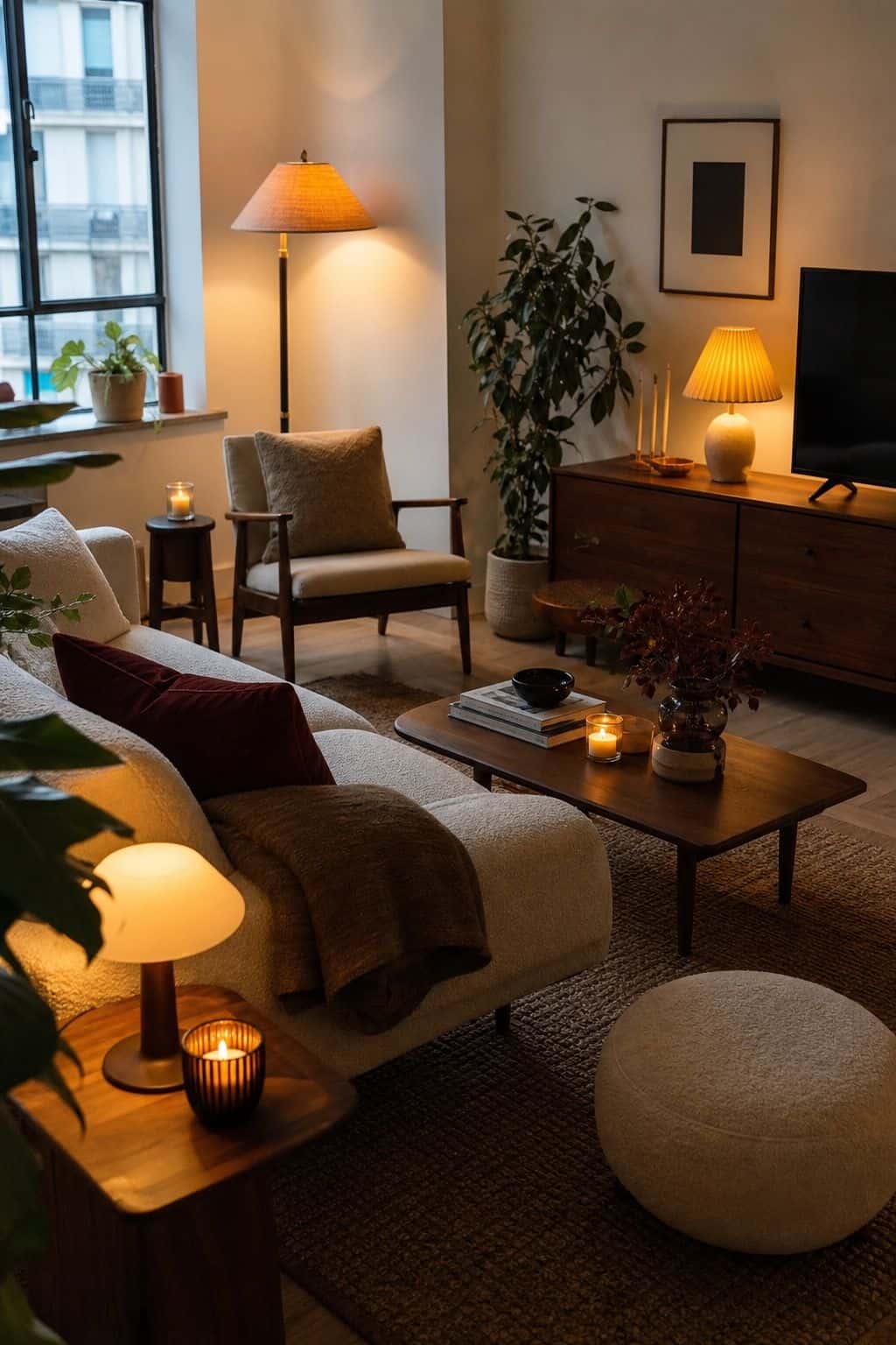Layered soft lighting in apartment living room with walnut side tables, floor lamp, candles, mustard shade, and burgundy pillow