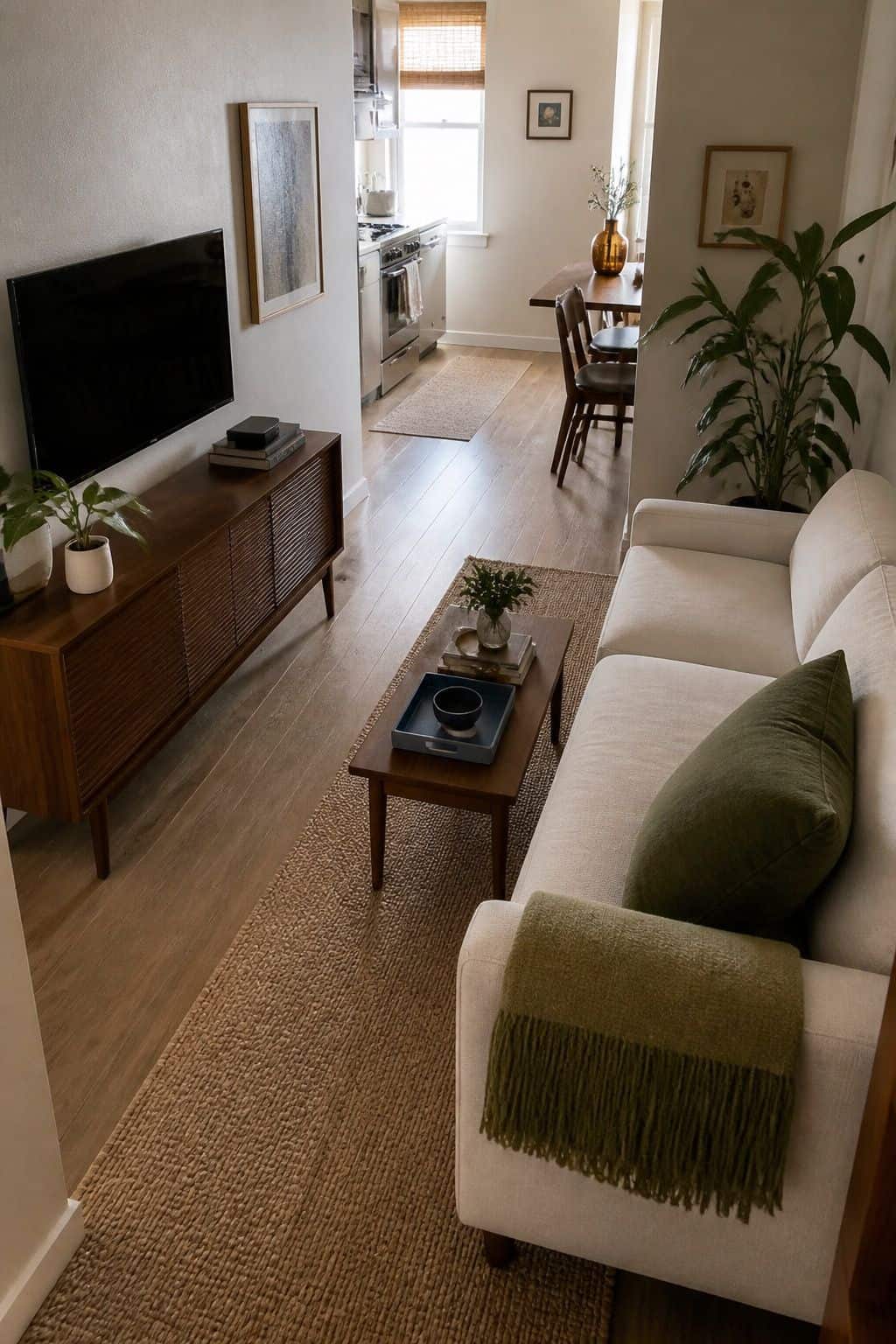 Compact apartment traffic flow with open walking path, walnut media console, dusty blue tray, and olive throw