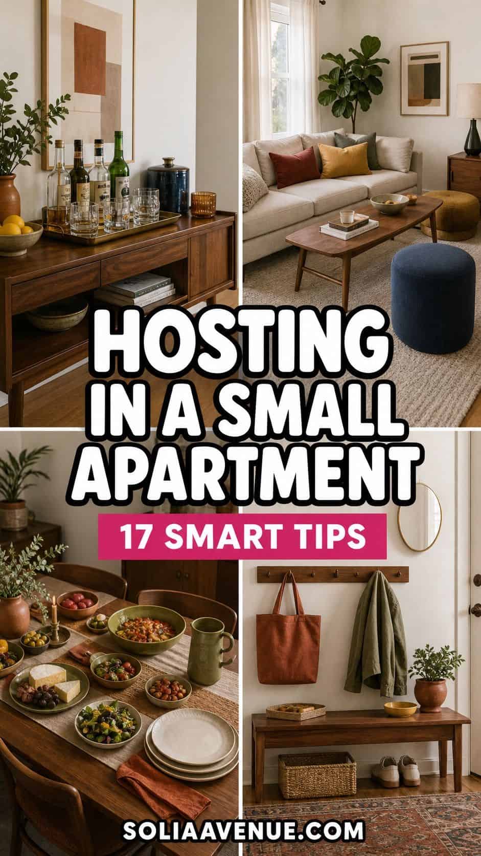 Pinterest pin for hosting in a small apartment with collage scenes, white outlined title text, pink subtitle bar, and Solia Avenue URL