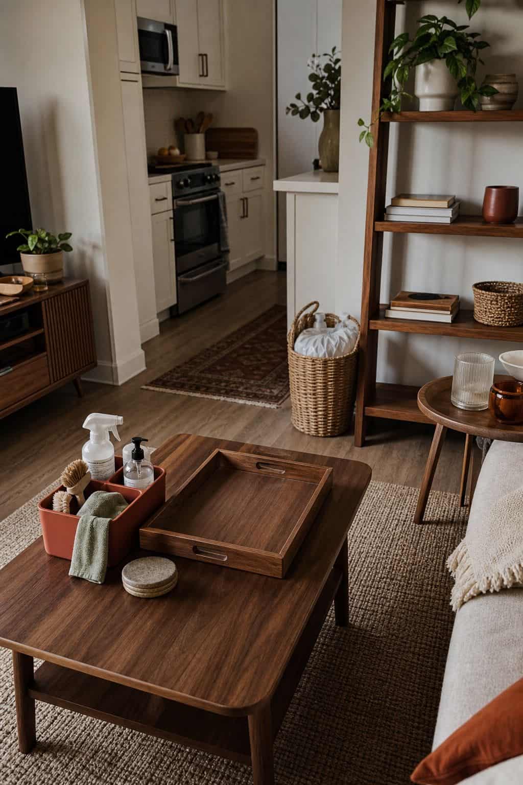 Post-party reset station in small apartment with cleaning caddy, glassware tray, towels, walnut coffee table, and green dish towel