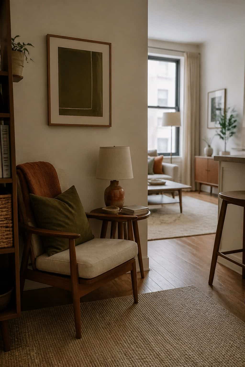 Quiet calm corner in a small apartment with walnut accent chair, side table, olive pillow, and rust lamp