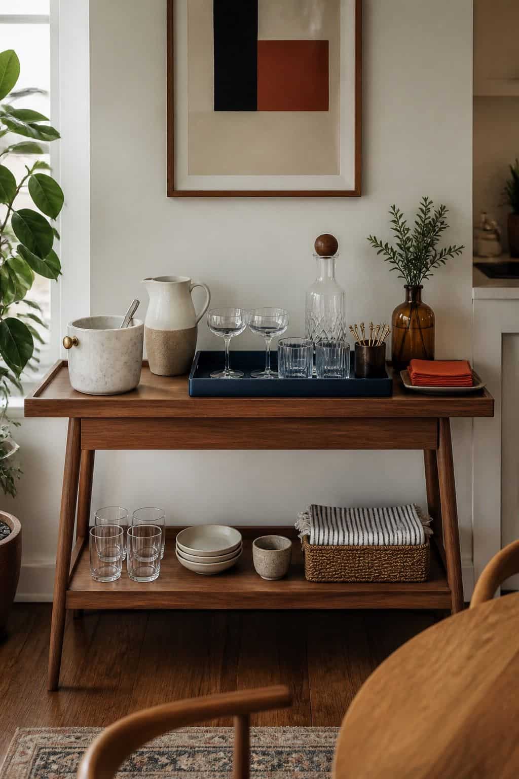 Wall-side drinks station on a walnut console with glassware, ceramic pitcher, deep blue tray, and terracotta napkins