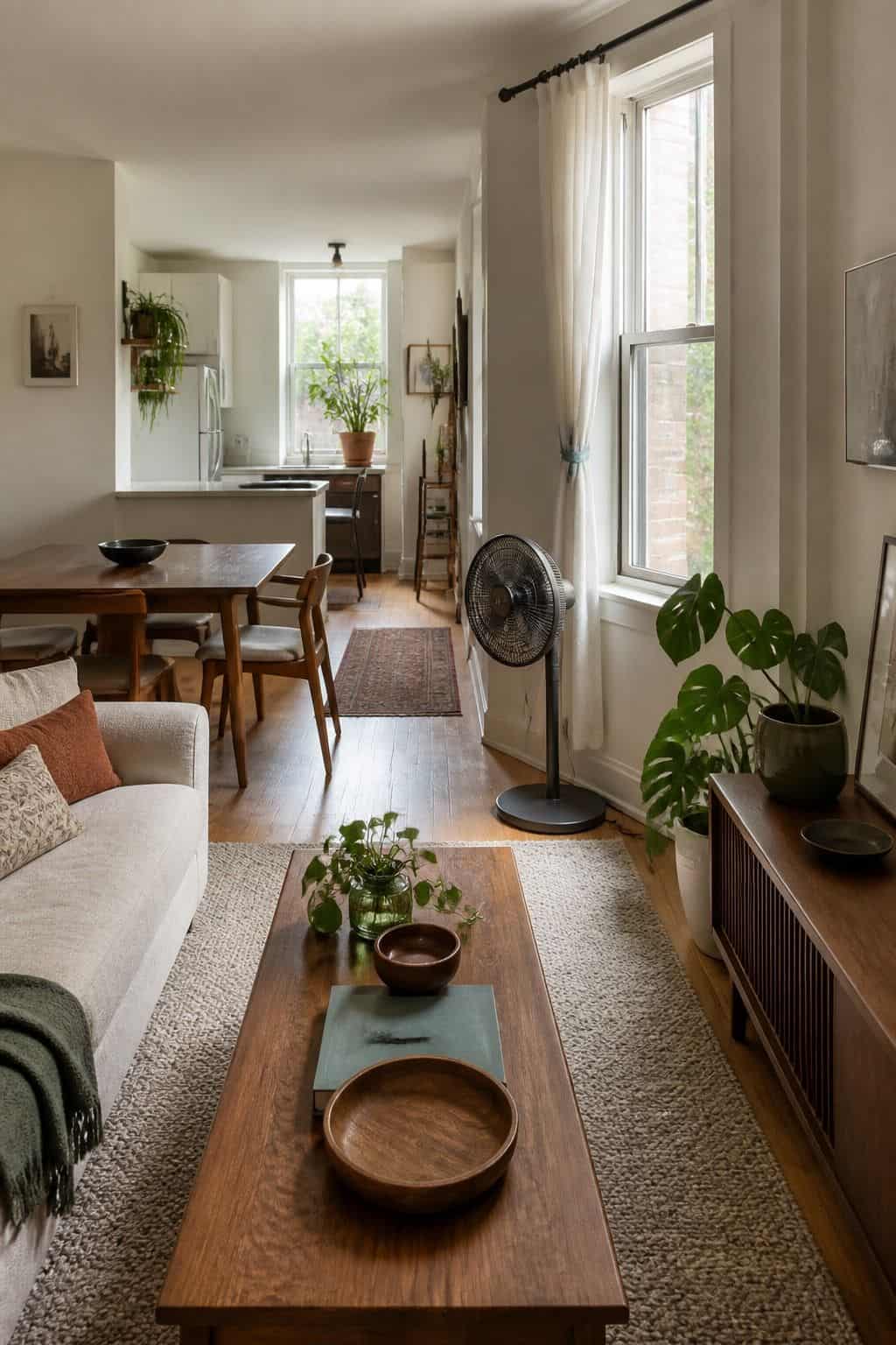 Airy compact apartment with cracked window, discreet fan, walnut details, dusty blue curtain tie, and green planter