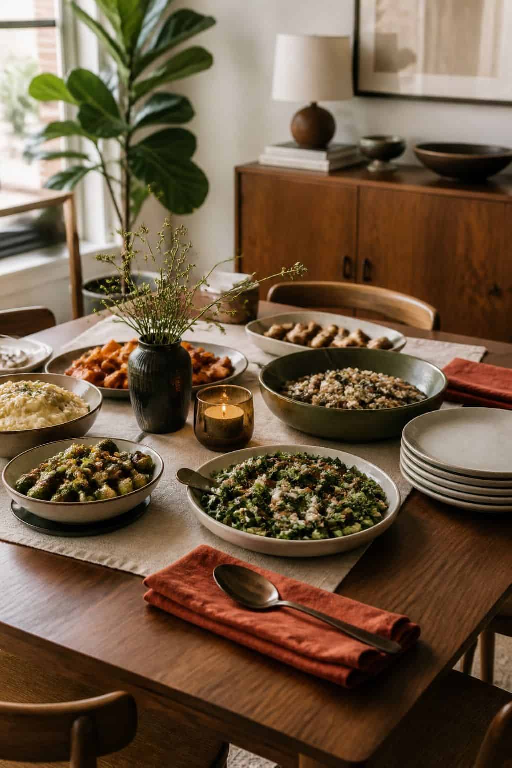 Family-style make-ahead food spread on walnut dining table with ceramic bowls, olive serving dish, and rust napkins