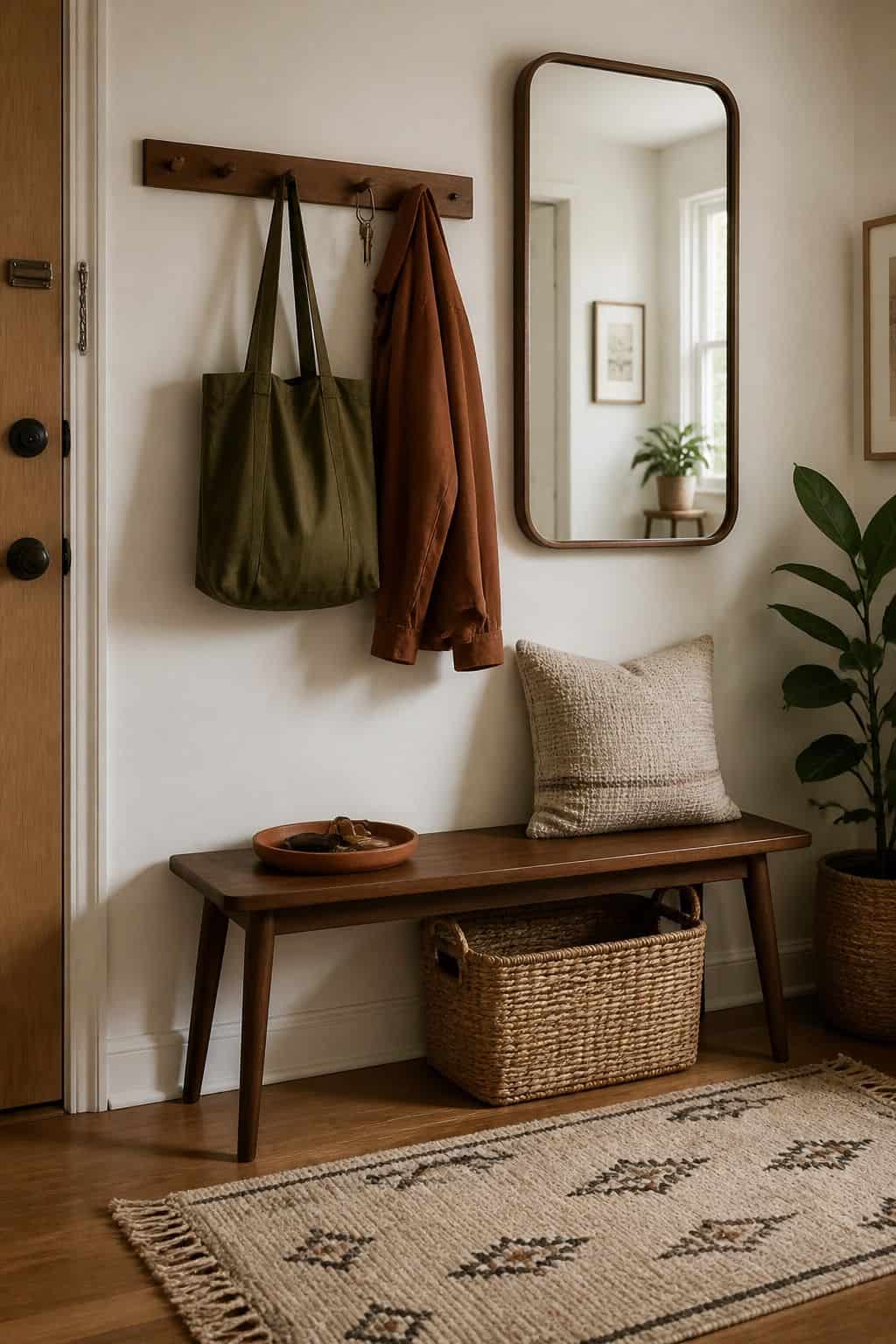 Organized apartment entry drop zone with walnut bench, wall hooks, woven basket, olive tote, and terracotta dish
