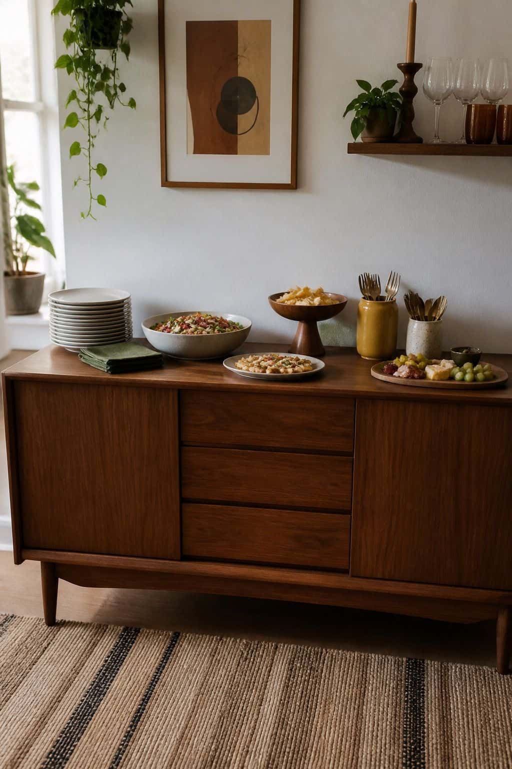 Self-serve food station on a walnut sideboard with stacked plates, platters, mustard utensil crock, and green napkins