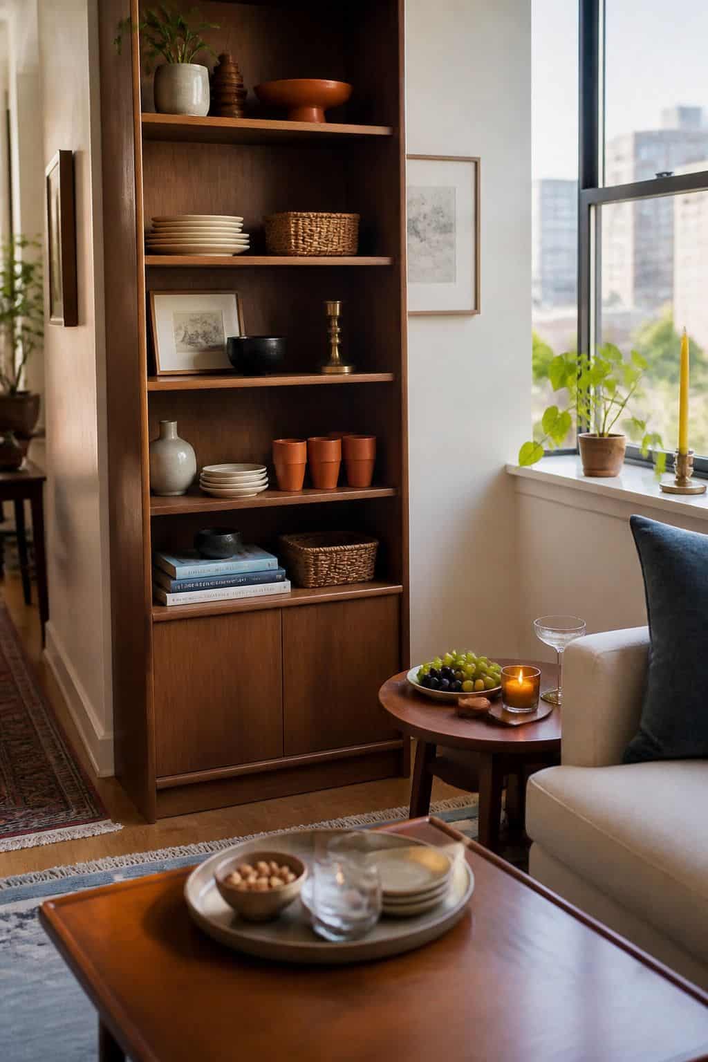 Vertical hosting surfaces with walnut bookcase, windowsill serving moments, terracotta cups, and dusty blue books