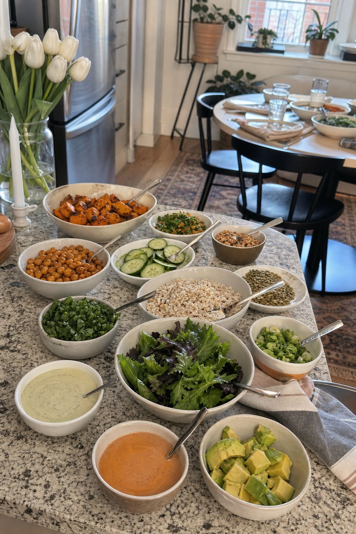 The Grain-Bowl Toppings Bar small apartment idea for Top 17 Hosting Lunch Ideas for an Easy Afternoon Gathering.