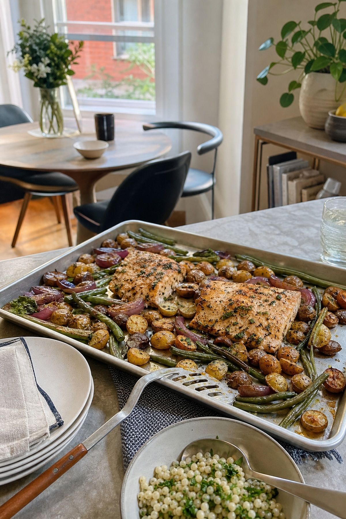 The Sheet-Pan Family-Style Main small apartment idea for Top 17 Hosting Lunch Ideas for an Easy Afternoon Gathering.