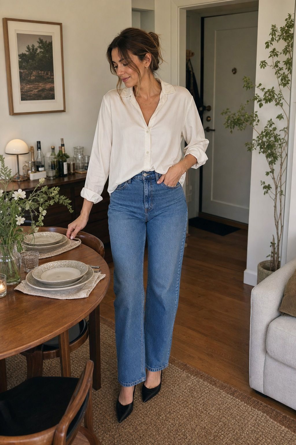 Jeans Plus a Silk or Linen Top small apartment idea for Top 17 Hosting Outfit Ideas That Look Pulled-Together and Feel Easy.