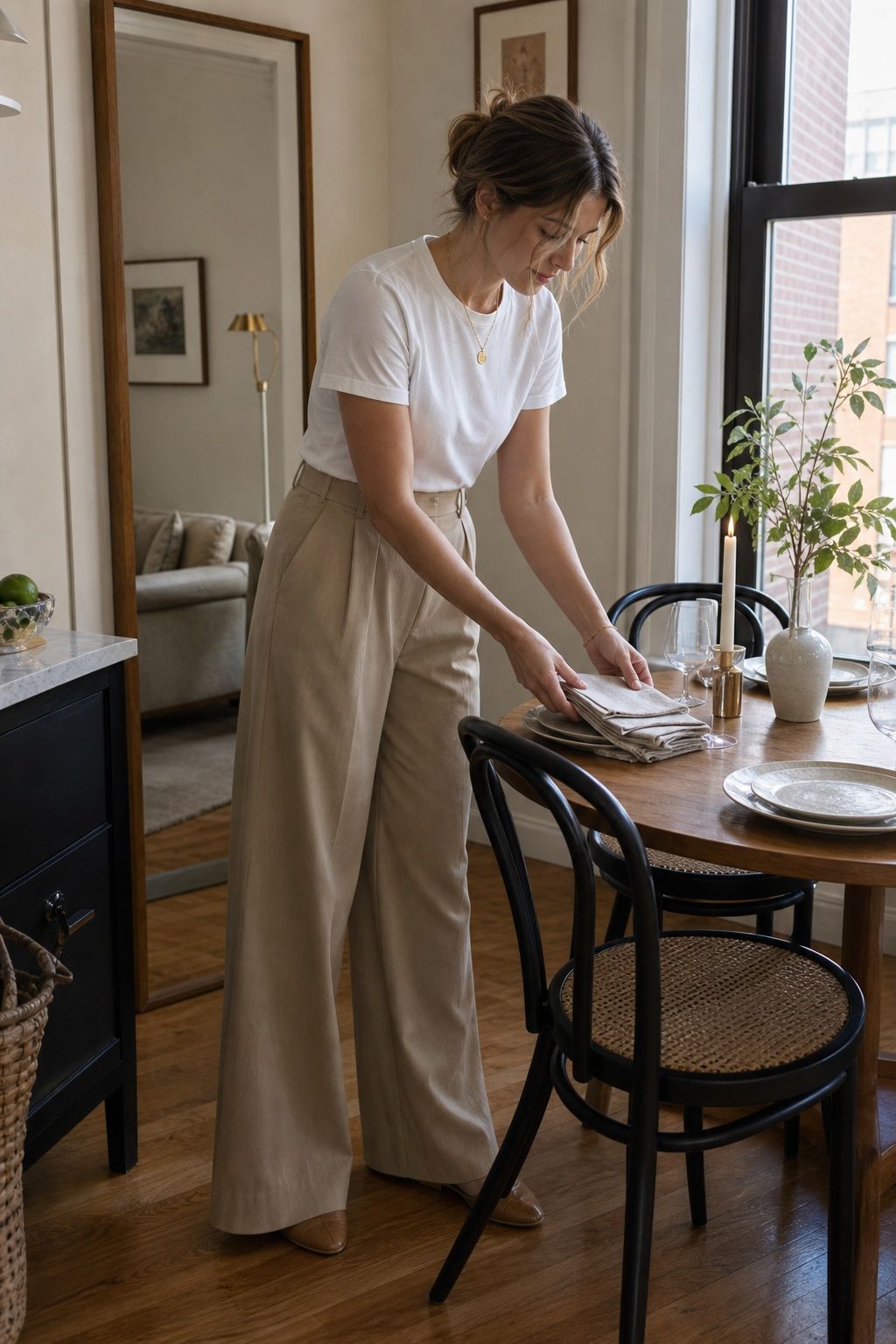 Wide-Leg Trouser Plus Tucked Tee small apartment idea for Top 17 Hosting Outfit Ideas That Look Pulled-Together and Feel Easy.