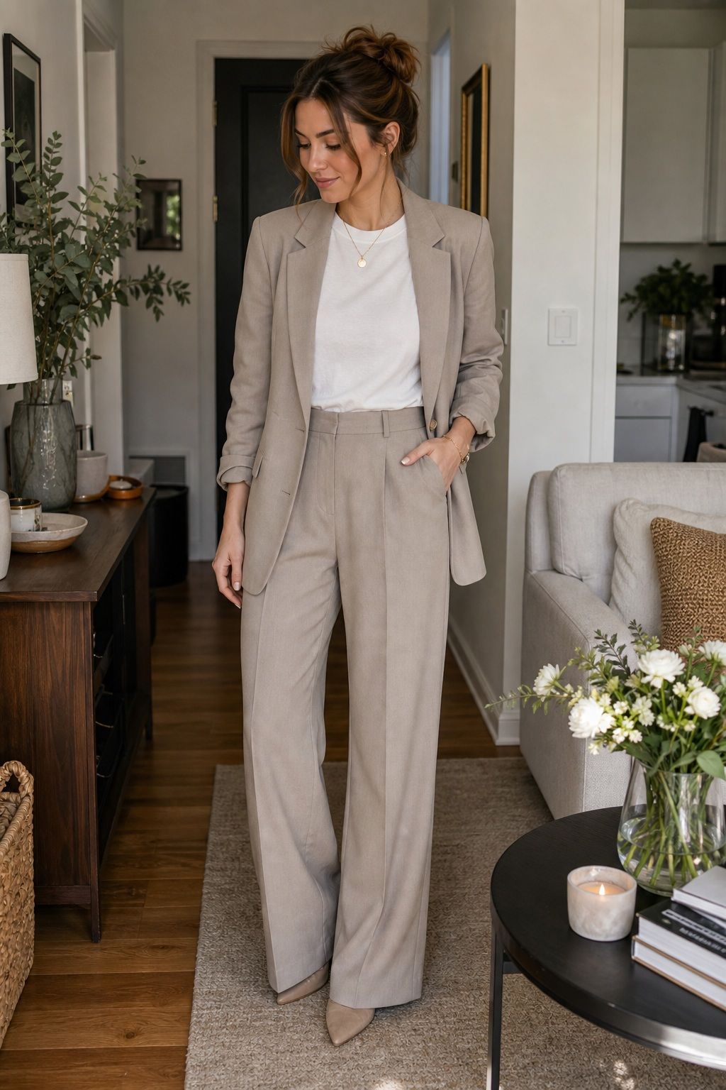 Soft Suiting (Blazer Plus Trouser Plus Tee) small apartment idea for Top 17 Hosting Outfit Ideas That Look Pulled-Together and Feel Easy.