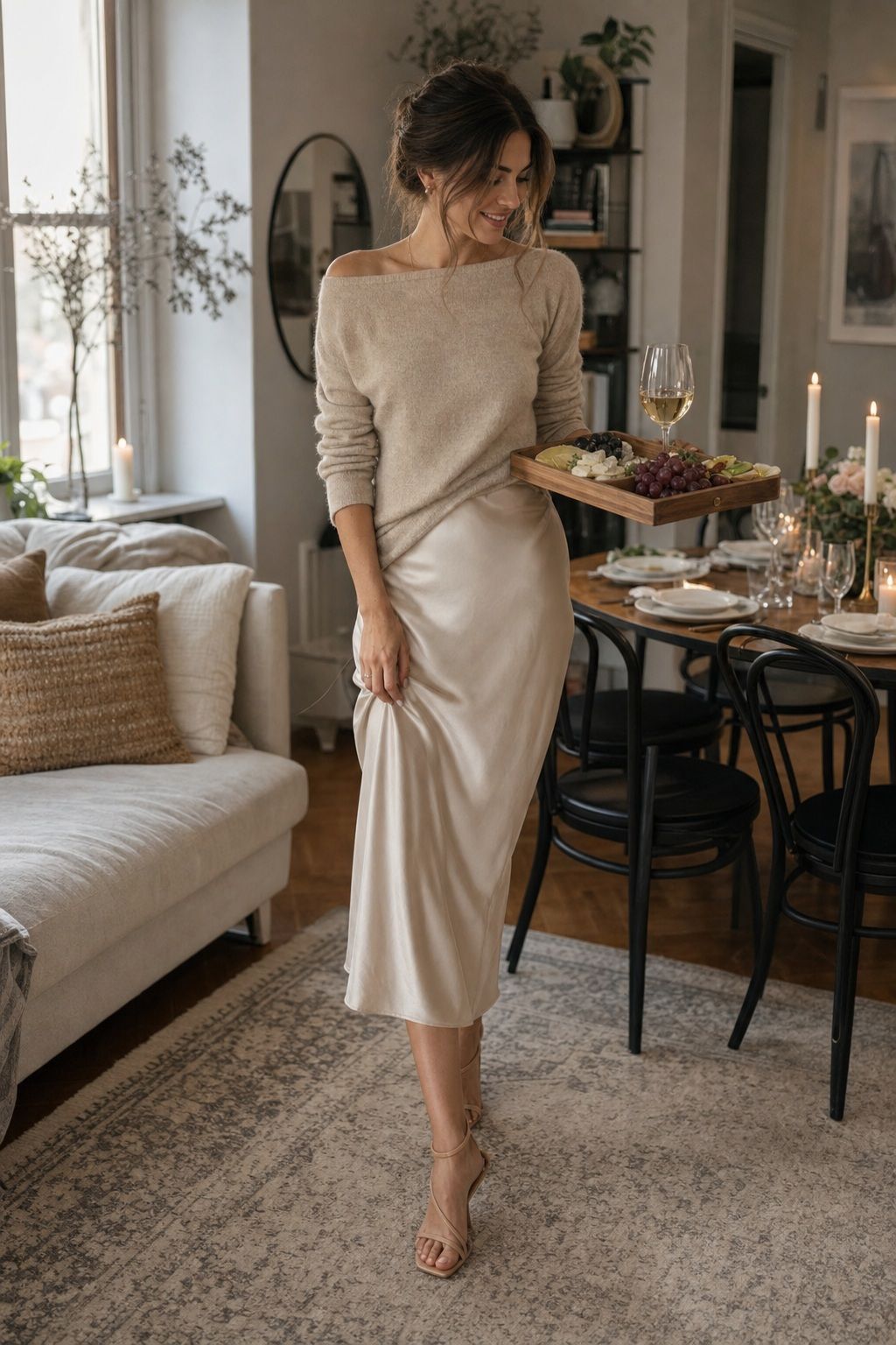 The Slip Dress with a Cashmere Sweater small apartment idea for Top 17 Hosting Outfit Ideas That Look Pulled-Together and Feel Easy.