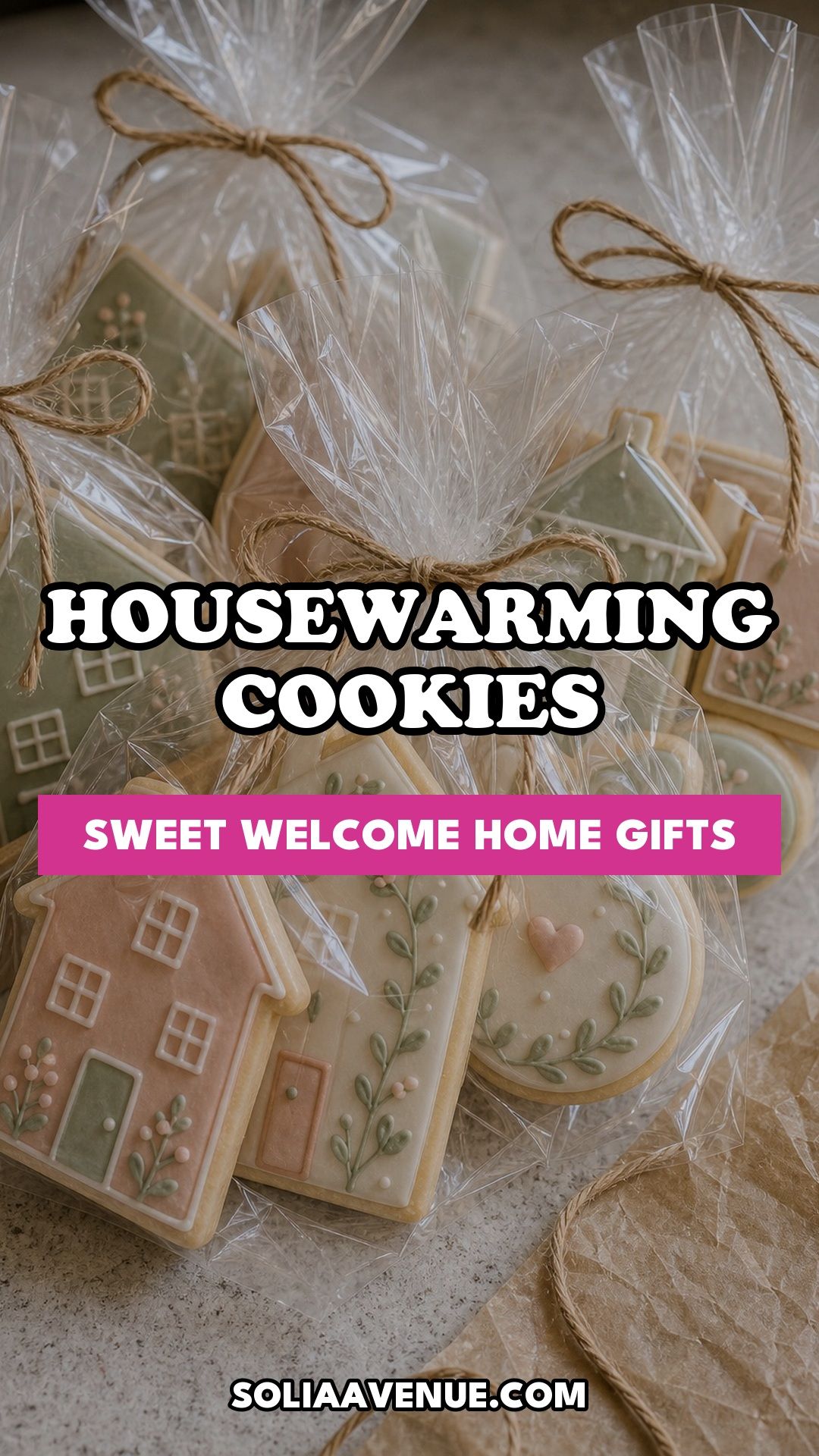 Pinterest pin for Top 16 Housewarming Cookies That Make the Sweetest Welcome Home Gift from Solia Avenue.