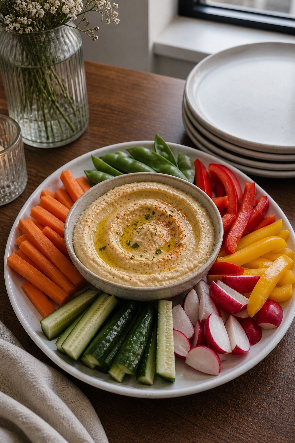 Hummus and Crudite Platter small apartment idea for Top 18 Housewarming Party Food Ideas for an Easy Crowd-Pleasing Spread.