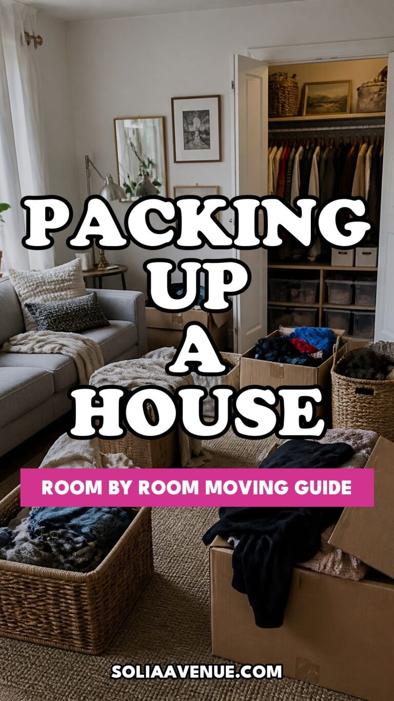 Pinterest pin for Your Complete Guide to Packing Up a House for Moving Room by Room from Solia Avenue.