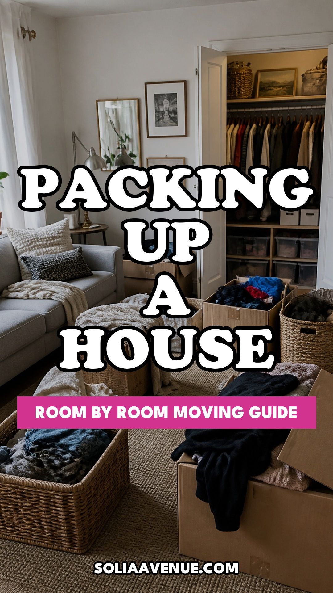 Pinterest pin for Your Complete Guide to Packing Up a House for Moving Room by Room from Solia Avenue.