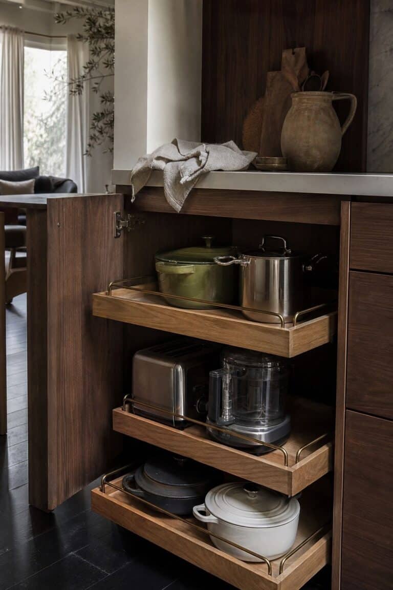 Pull-out cabinet shelves with pots and appliances in a walnut kitchen cabinet