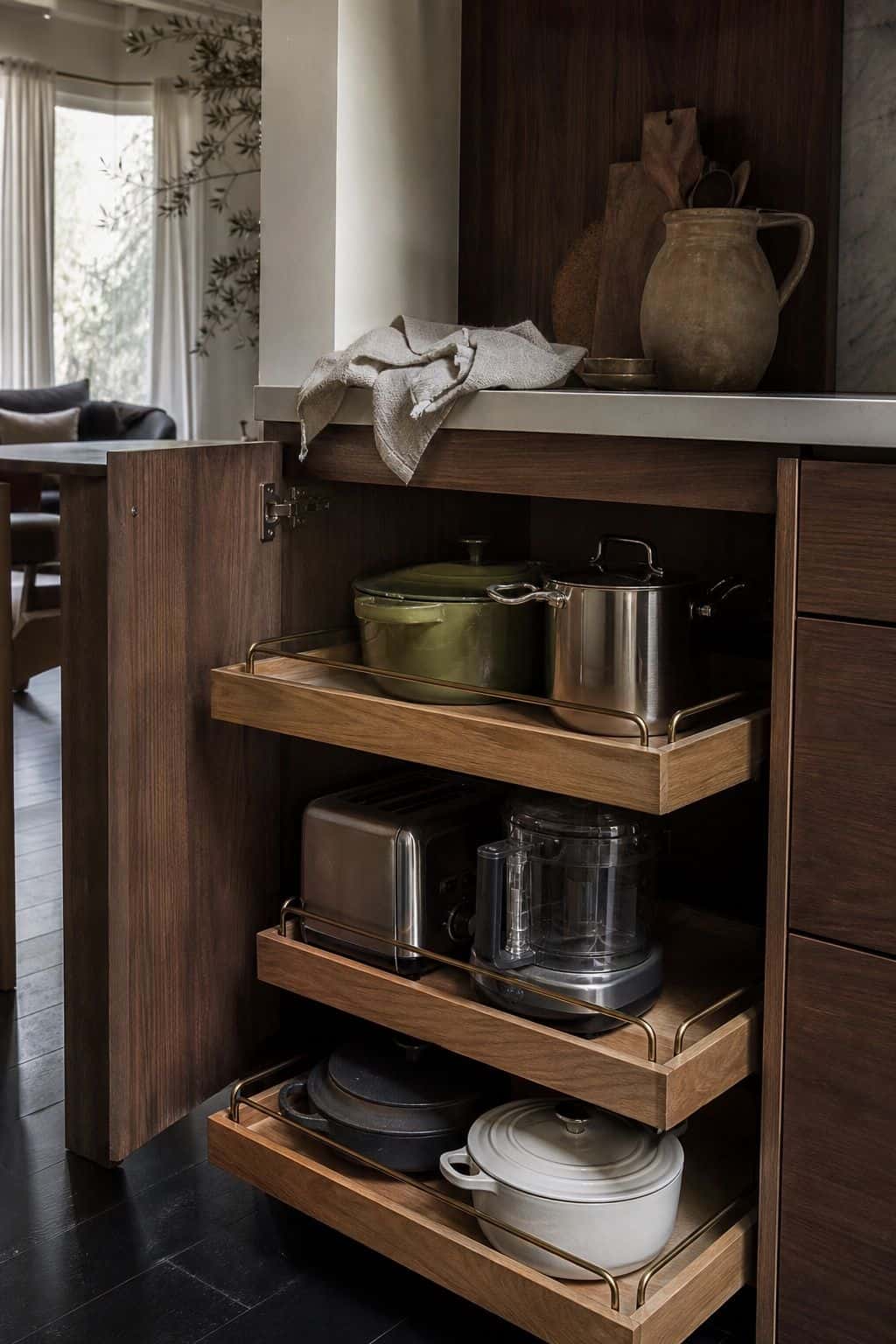 Pull-out cabinet shelves with pots and appliances in a walnut kitchen cabinet