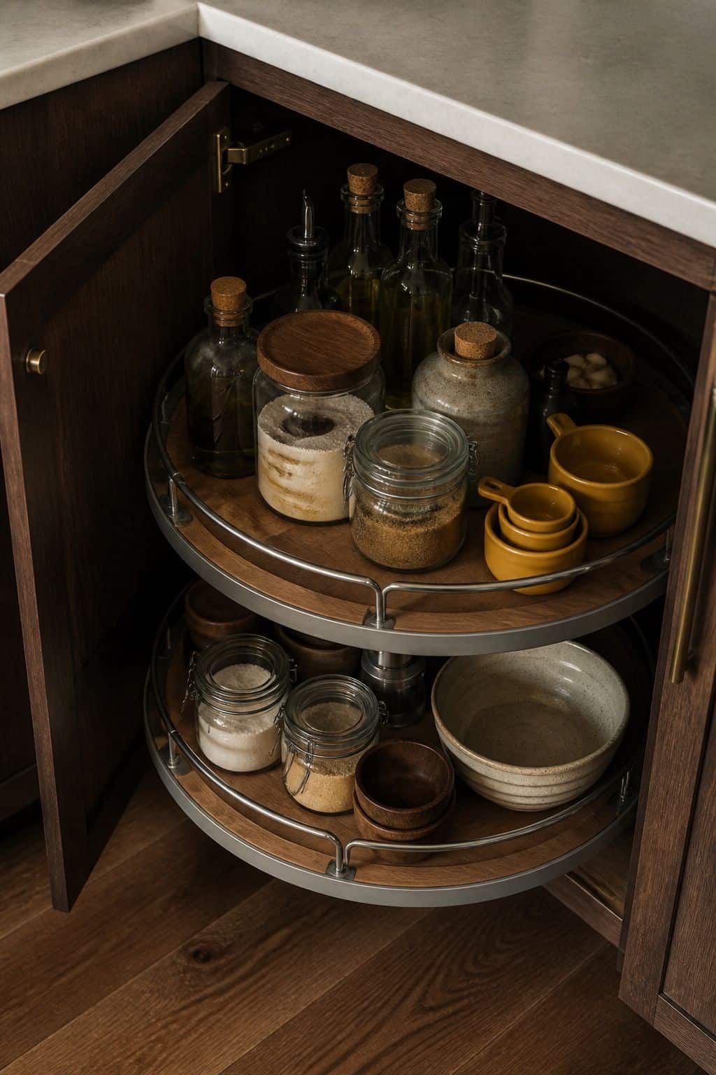 Two-tier lazy Susan organizing oils and pantry jars inside a corner cabinet