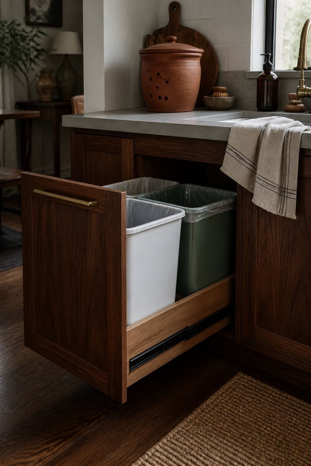 Pull-out trash and recycling bins hidden inside a walnut kitchen cabinet