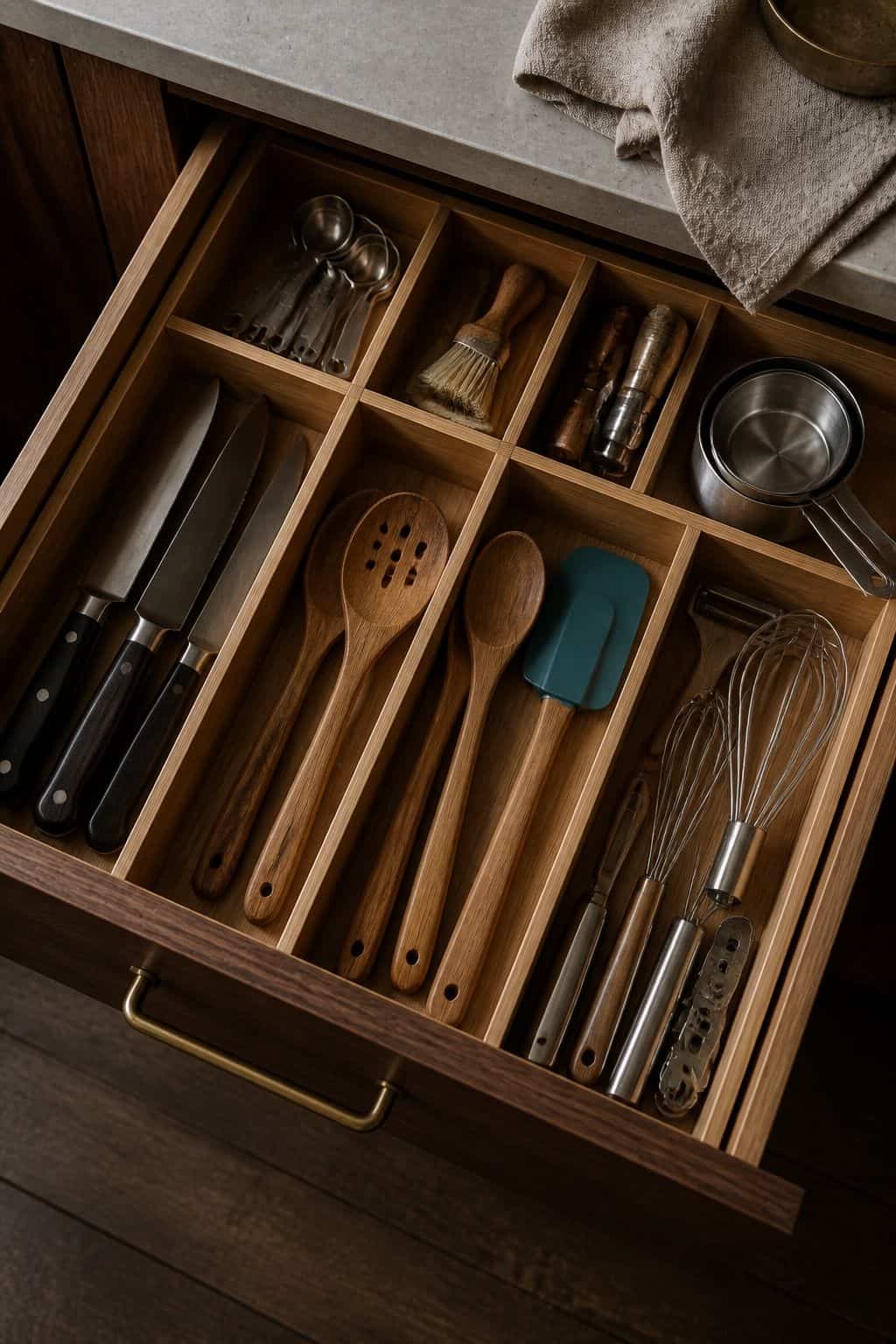 Bamboo drawer dividers organizing knives, spoons, whisks, and kitchen tools