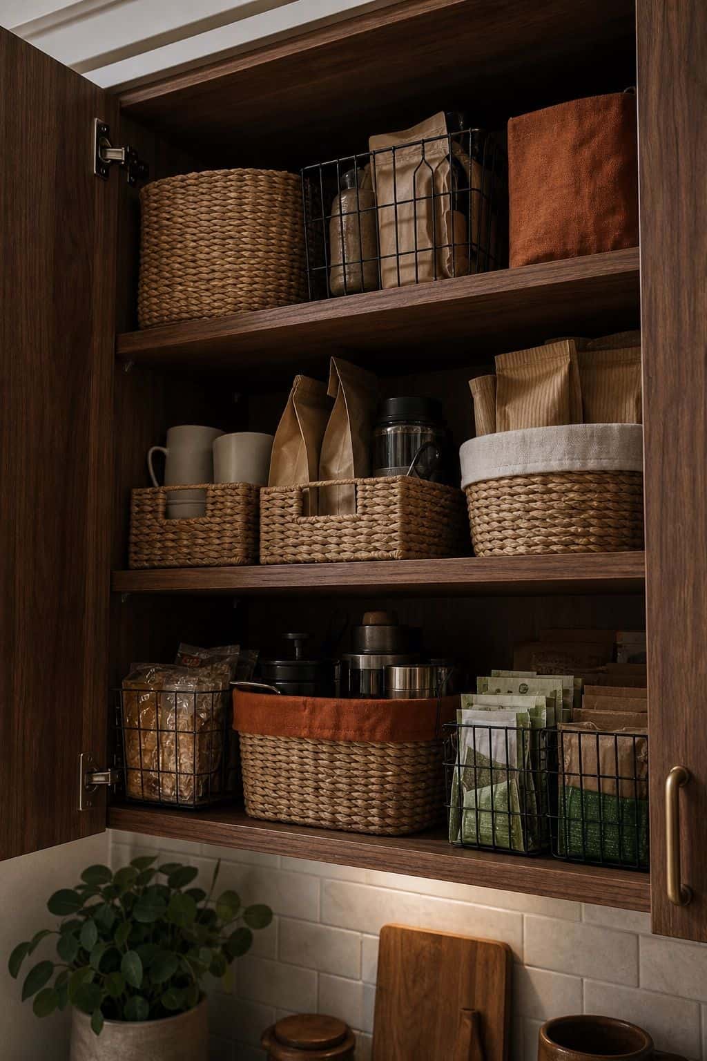 Woven baskets and wire bins grouping snacks, tea, coffee, and pantry items