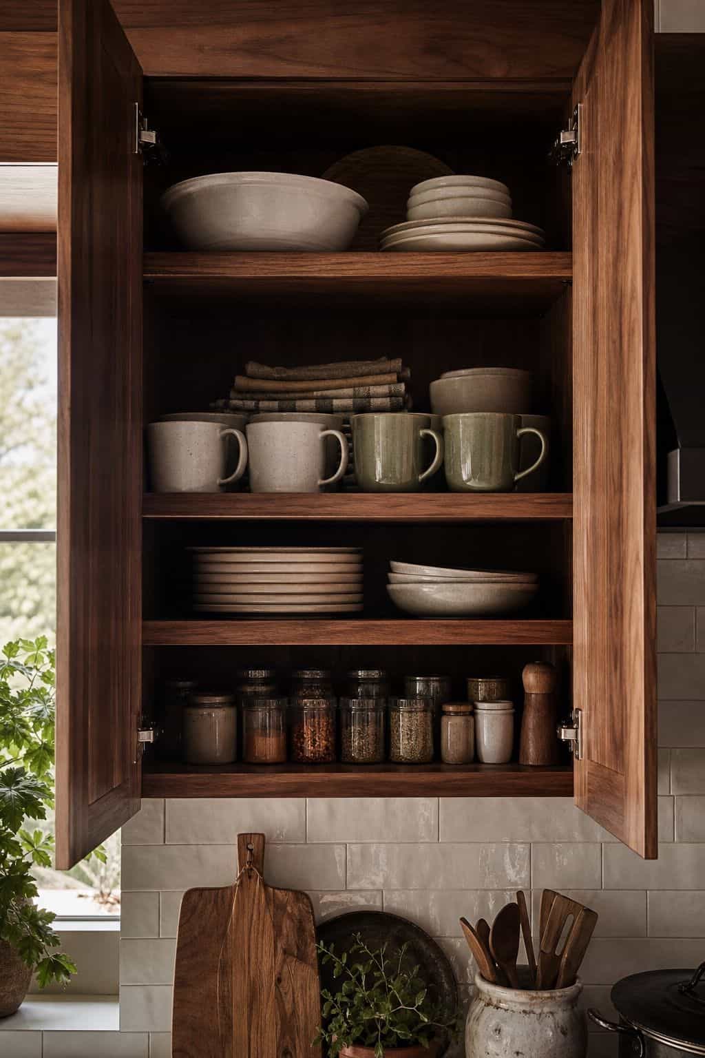 Everyday mugs, plates, bowls, and spices arranged at eye level in a cabinet