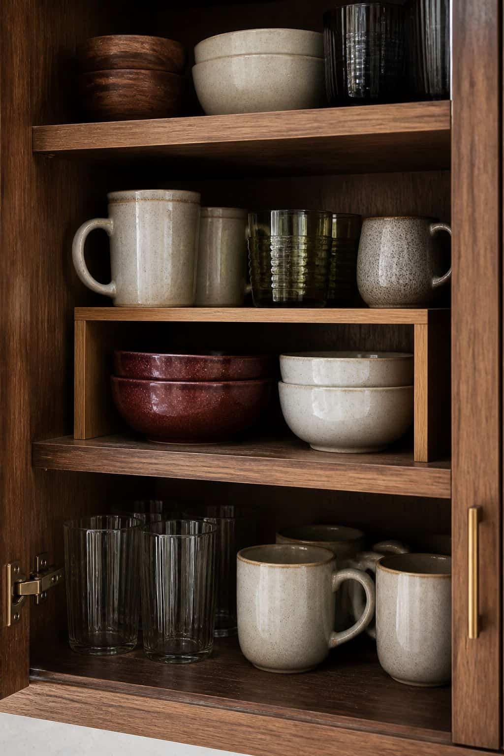 Stackable shelf organizer creating extra cabinet space for mugs, bowls, and glasses