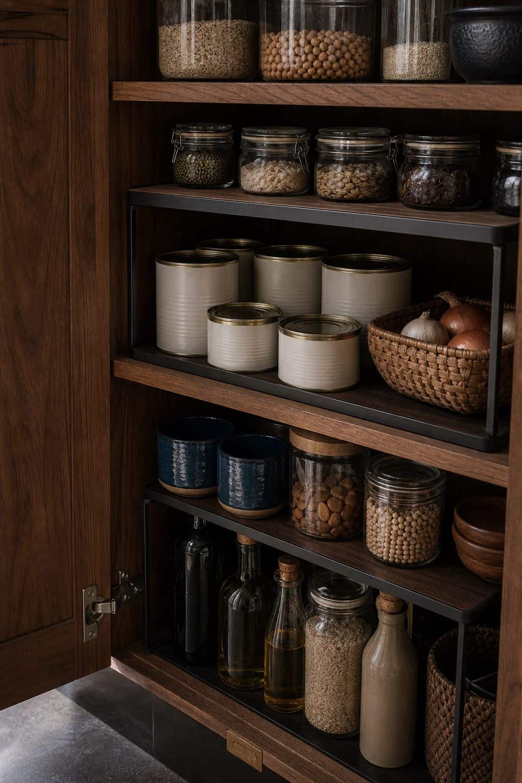 Shelf risers creating layered pantry storage for cans, jars, bottles, and cups