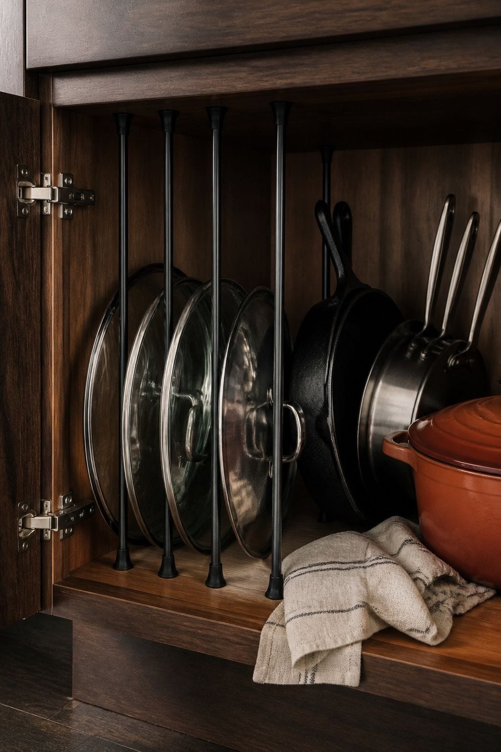 Tension rods holding pot lids upright beside pans in a walnut cabinet