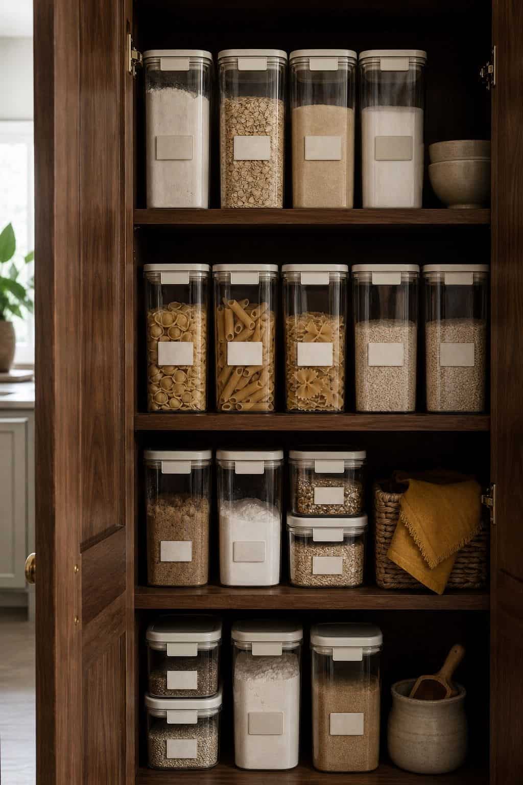 Clear labeled containers organizing pasta, oats, flour, rice, and dry goods