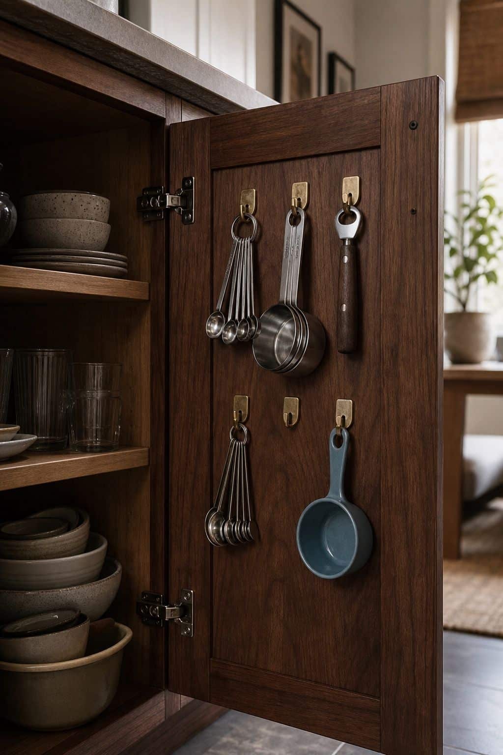 Measuring spoons and cups hanging from hooks inside a walnut cabinet door