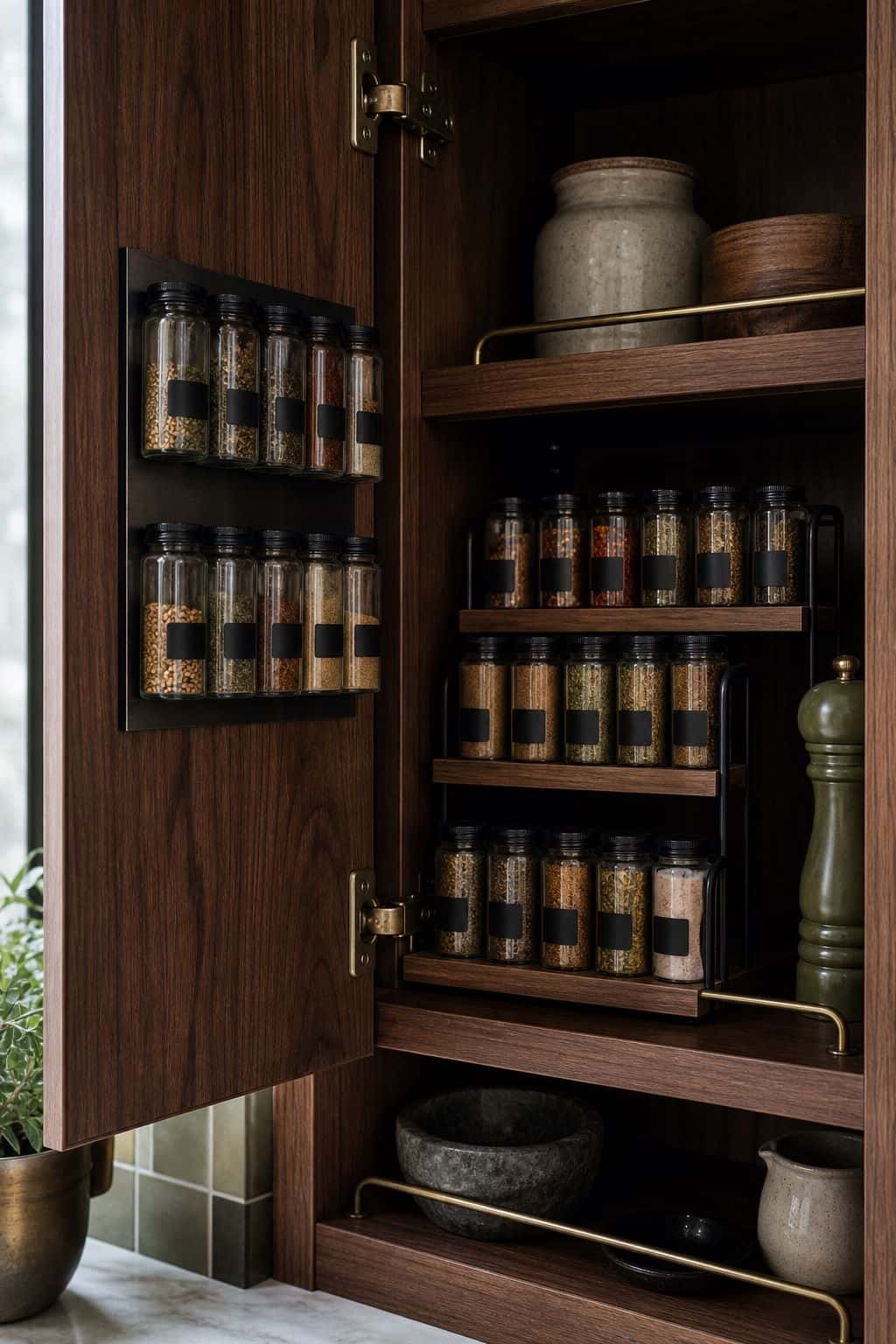 Tiered spice rack and magnetic spice jars organized inside a walnut cabinet